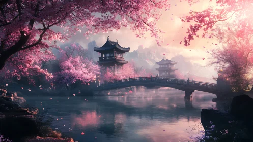 Springtime bridge to a tranquil cherry blossom dreamscape.