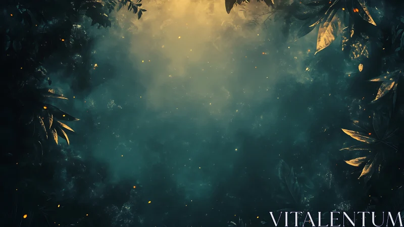 Jungle mist haloed by golden light and drifting fireflies.