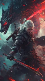 White-haired warrior clashes with spectral wolf in blazing duel.