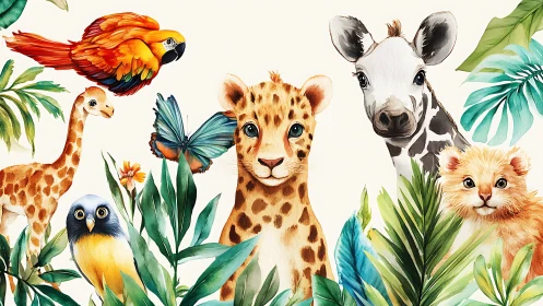 Watercolor juvenile jungle fauna cluster with foliage immersion.