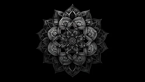 Silver night mandala blooming in layered shadowed petals.