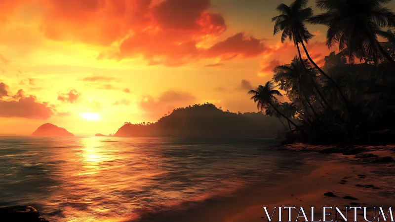 Sunset fire spills gold over a quietly breathing tropical bay