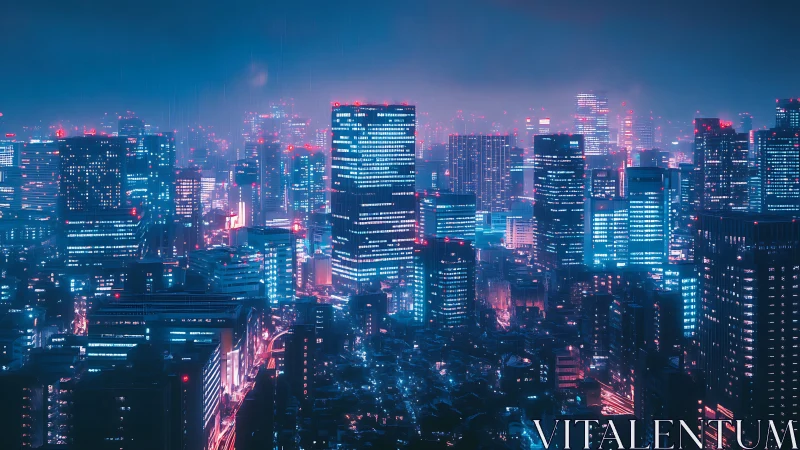 Neon washed city skyline glowing through a rainy blue night.