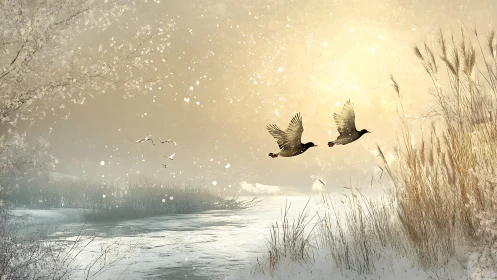 Two birds cross a frozen river under diffuse winter light