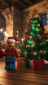 High-detail LEGO-style Santa minifigure beside illuminated tree