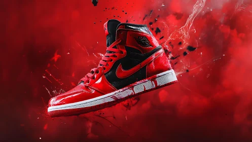 High-gloss red sneaker rendered with dynamic splash effects in motion