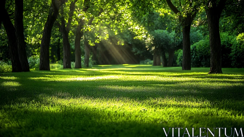 Sunlit tree-lined lawn shows diagonal rays crossing green grass