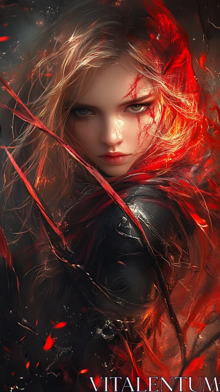 Fierce flame-haired warrior wrapped in swirling crimson light.