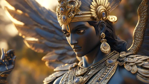 Regal winged deity gazes softly in radiant golden light