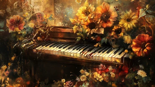 Digital painting of overgrown floral piano in golden light.