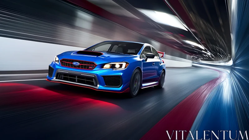 Subaru WRX STI surges through neon-lit tunnel racetrack.