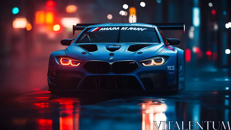 Midnight blue race car idling under neon city rainlights.
