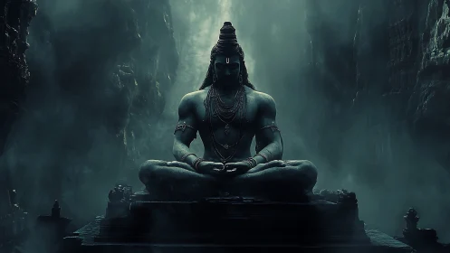 Colossal meditative deity statue in misty mountain gorge.