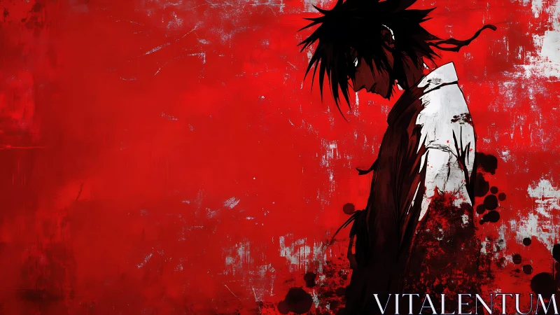 Solitary anime figure in blood-red abstract urban void.