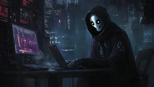 Midnight mask hacker bending neon code in ghosted alley.
