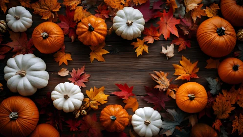 White and orange pumpkins encircle rustic wood with autumn leaves