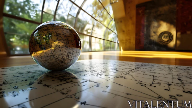 Shimmering glass globe resting on sunlit architectural plans.