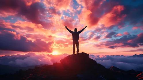 Silhouette on mountain peak under vivid sunset sky.