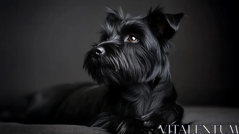 Gentle black dog resting in soft, thoughtful light.