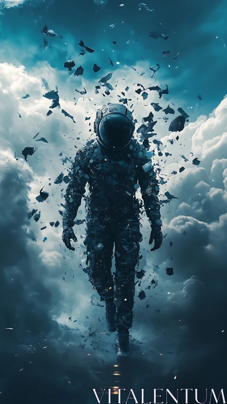 Digital painting of disintegrating astronaut amid storm clouds.