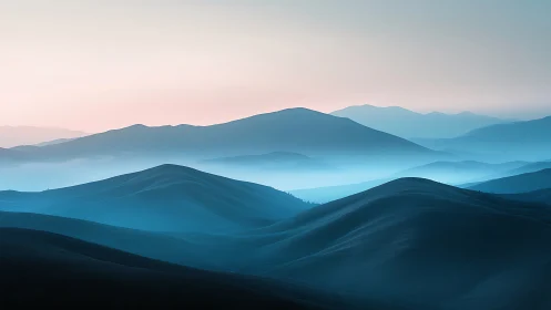 Layered blue mountains recede into mist beneath soft dawn light