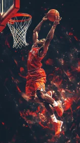 Basketball player dunking toward hoop in stylized motion scene.