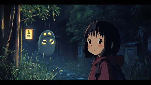 Night forest path with shy girl and glowing spirit lantern