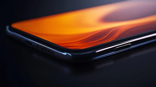 Sleek modern smartphone with vibrant orange display in close-up.