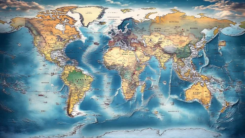 Color-rich world map celebrates global geography and travel