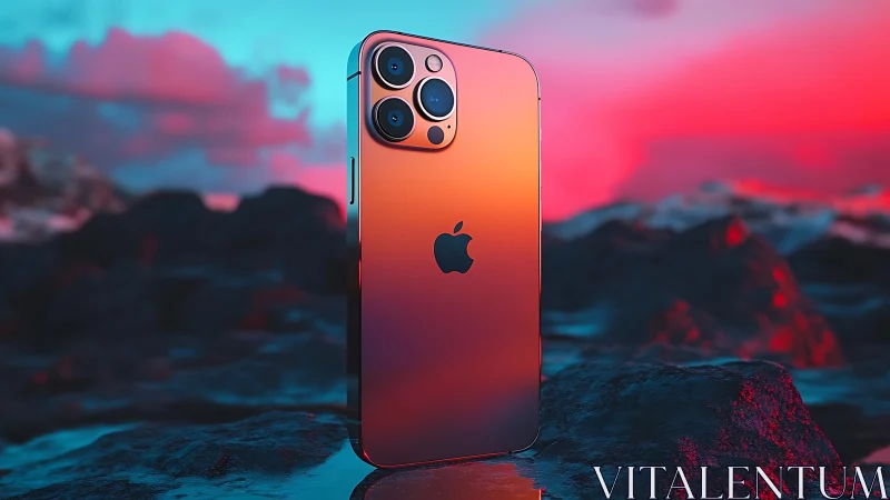 Apple iPhone 13 Pro displaying gradient iridescence against twilight landscape backdrop.