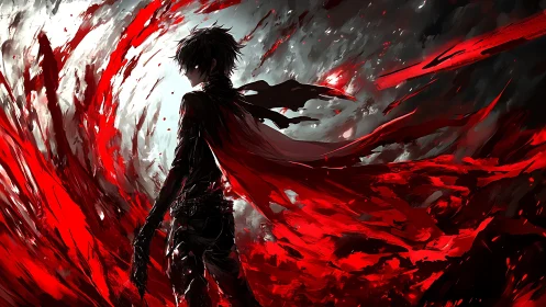 Silhouetted warrior amid swirling crimson energy storm.