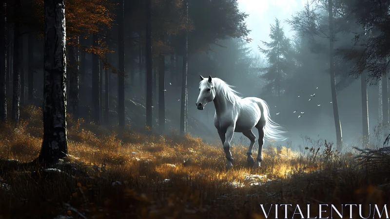 White horse in misty conifer forest with autumn groundcover.