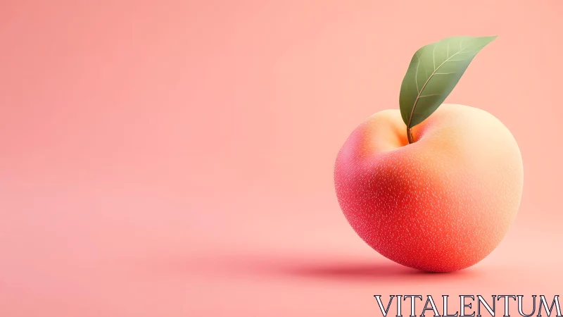 Realistic peach fruit with leaf on pastel pink background, minimalistic style.