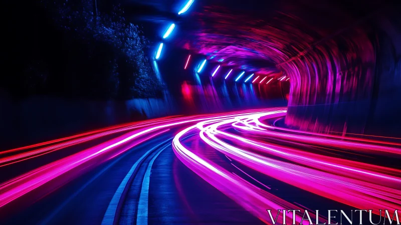 Long exposure records neon light trails in curved tunnel