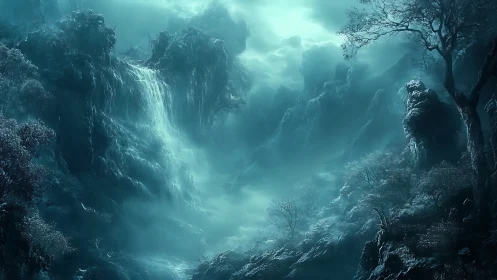 Mystic moonlit waterfall in misty fantasy canyon landscape.