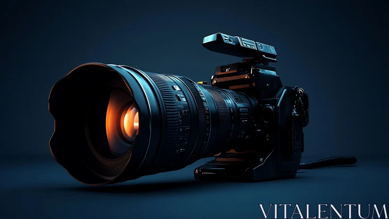 Professional digital camera with large lens on dark background.