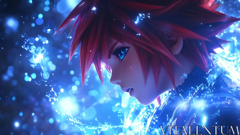 Red haired anime hero with glowing blue energy burst.