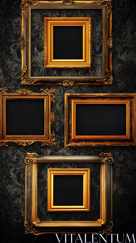 Baroque gold frames aligned on dark damask gallery wall