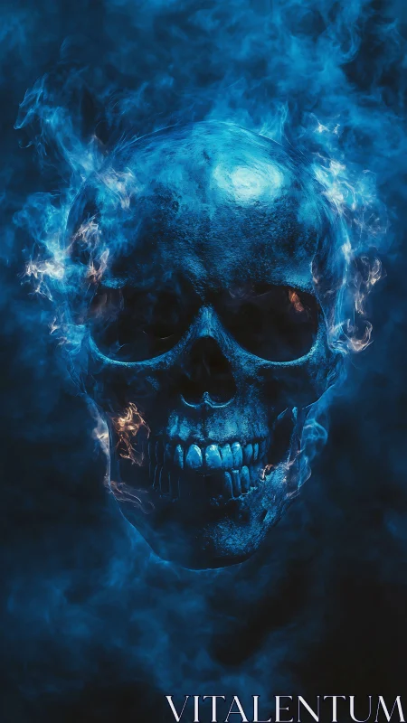 Luminous blue skull emerges from swirling spectral smoke