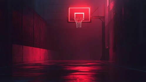 Neon street hoop glows warmly over a quiet night court