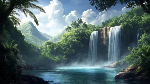 Tropical waterfall basin with forested mountains and clouds.