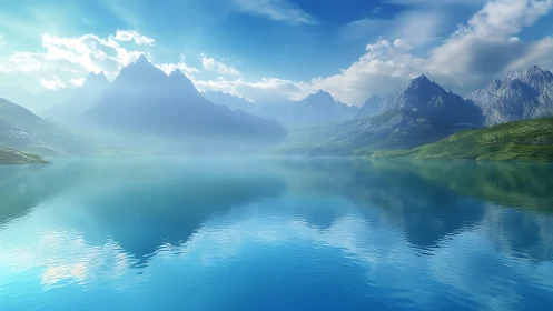 Serene alpine lake mirroring luminous blue mountain peaks.