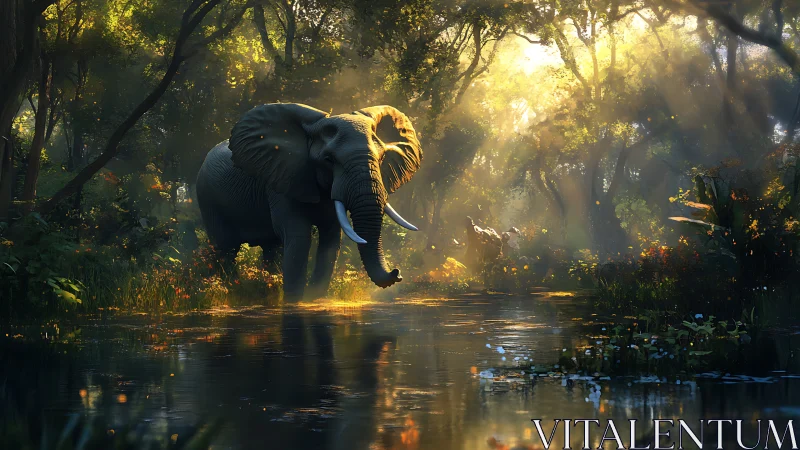 African elephant standing in shallow forest river at dawn.