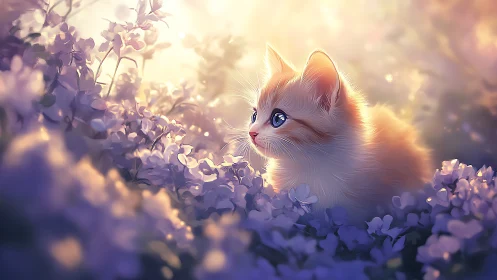 White kitten positioned among purple flowers in diffused lighting.