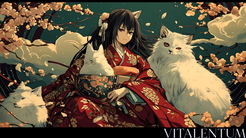 Kimono-clad shrine maiden with white spirit cats amid blossoms.