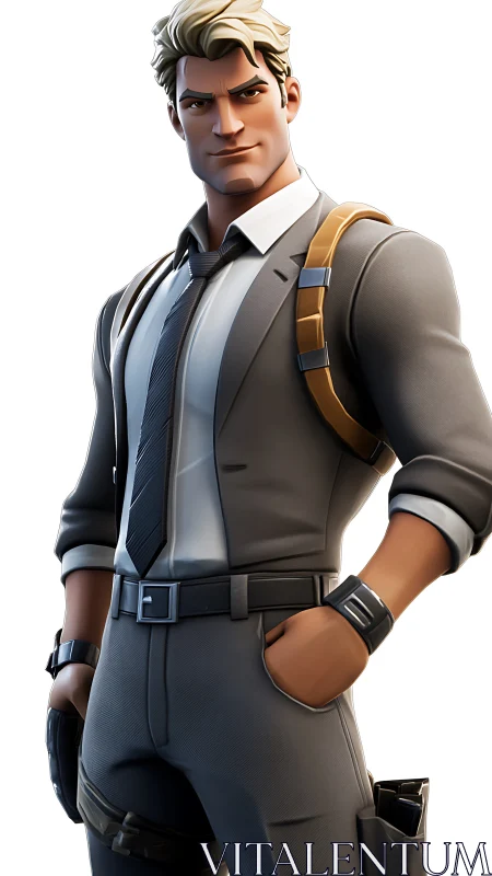 Stylized suited agent stands confident with tactical gear