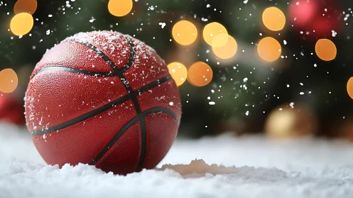 Snowy basketball rests warmly amid soft holiday lights