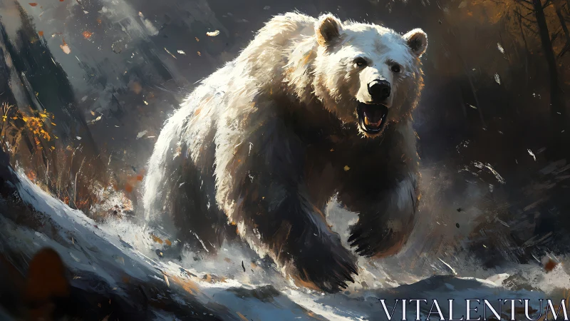 Predatory polar bear charging through dynamic winter brush.