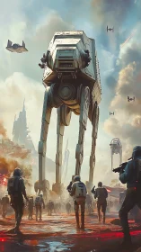 Armored quadruped walkers dominating smoldering urban battlefield.