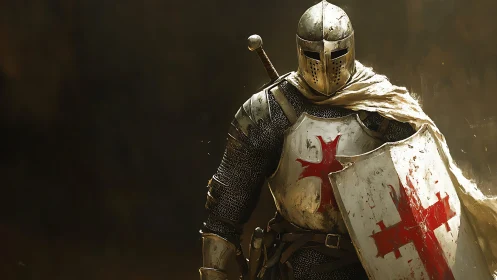 Stoic crusader knight stands armored in golden battlefield haze